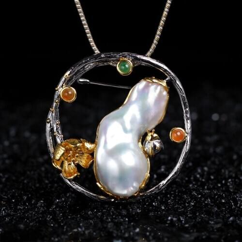 Retro Jewelry S925 Sterling Silver Pendant And Brooch Dual-use Natural Pearl Shaped Creative Flower Handmade Womens Pendant