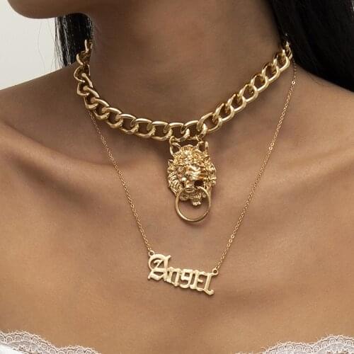 Punk Style Statement Metal Gold Color Chain Multi Layer Necklaces Lion Pattern Angel Letter Pendant Necklace For Women Party
