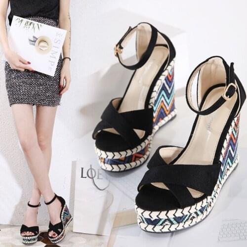 12cm High Heels Platform Wedges Shoes Black High Heels with Cross Straps Ladies Gladiator Sandals Chunky Heels