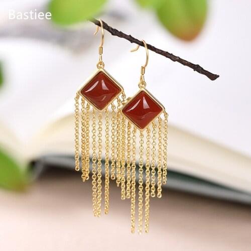 Bastiee Earings Fashion Jewelry 925 Sterling Silver Earrings Gifts For Women Drop Earrings Vintage Red Agate Silver