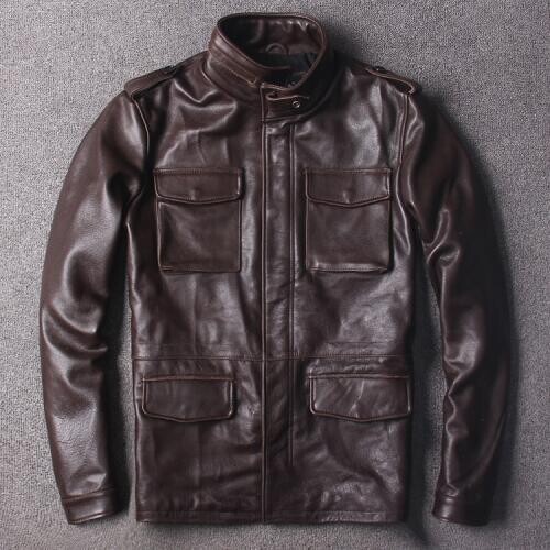 Free Shipping.classic brown M65 genuine leather jacket,plus size cowhide safari style long coat,quality warm jackets