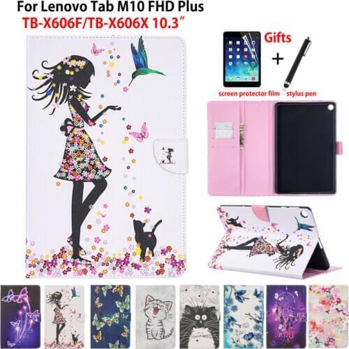 Case For Lenovo Tab M10 FHD Plus TB-X606F X606X 2020 10.3" Cover Funda Tablet Fashion Girl Cat Flip Stand Shell Capa Coque +Gift