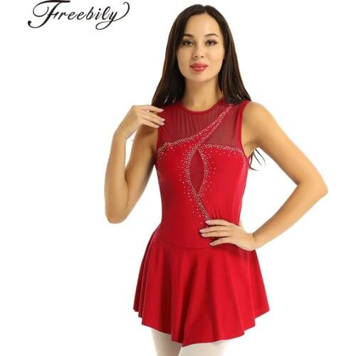 Women Stage Competition Dance Wear Sleeveless Mesh Splice Rhinestones Ballet Gymnastics Leotard Adults Figure Skating Dress