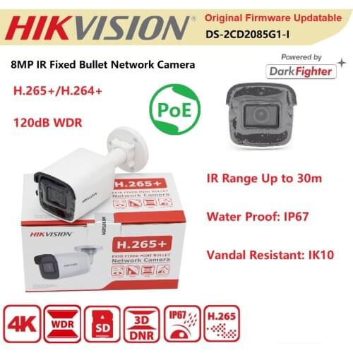 Hikvision IP Camera 8MP DS-2CD2085G1-I Surveillance 4K POE Outdoor CCTV IR Powered-by-Dark Fighter IP67 Mini Bullet Newwork