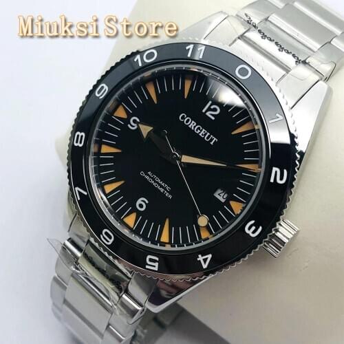 CORGEUT Mens Top Mechanical Watch Sapphire Crystal Ceramic Bezel Black Dial Waterproof Seagull 1612 Automatic Movement Watch