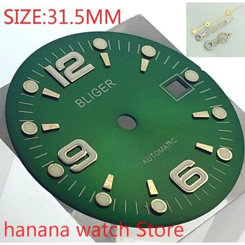 Bliger Sterile 31.5mm Square Dial Date Kit with Hands Miyota 8215/8205/821A ETA 2824/2836 Mens Watch Night Plate Parts green