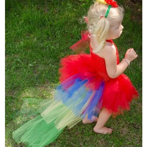 Girls Red Strap Tutu Dress Kids Fluffy Crochet Tulle Dress with Rainbow Trailing and Flower Hairbow Children Party Costume Dress