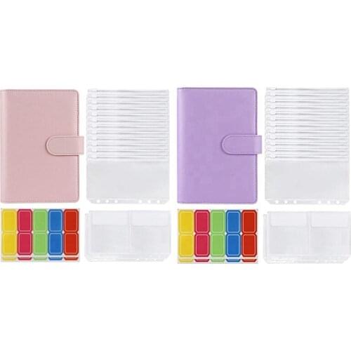PPYY-2 Set 14 Binder Bags A6 with Leather Binder Cover, 6 Rings Budget Binder with Cash Envelope, Binder, Pink & Purple