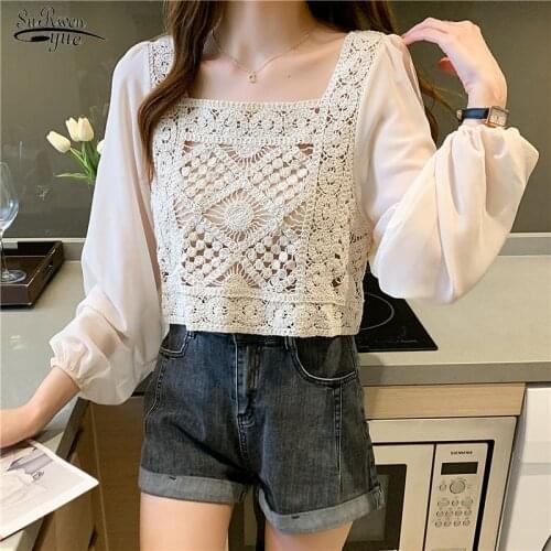 Summer New Korean Version of Loose Hedging Long-sleeved Chiffon Sunscreen Shirt Shirt Blouse Stitching Knitted Sweet 15061