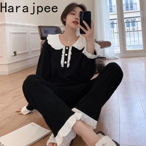 Harajpee 2021 Autumn Pajamas Womens Sweet and Lovely Pure Cotton Long Sleeve Home Clothes Can Be Worn Outside Two-piece Set