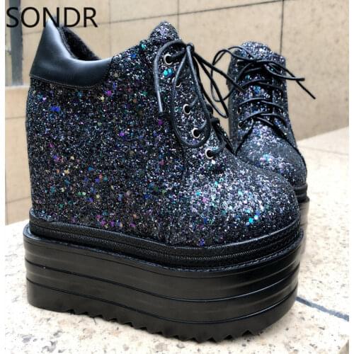 14CM Womens Round Toe Platform Sequins Bling Sneakers Wedge Super High Hidden Heel Shoes Punk Lace Up 2Colors Girls New