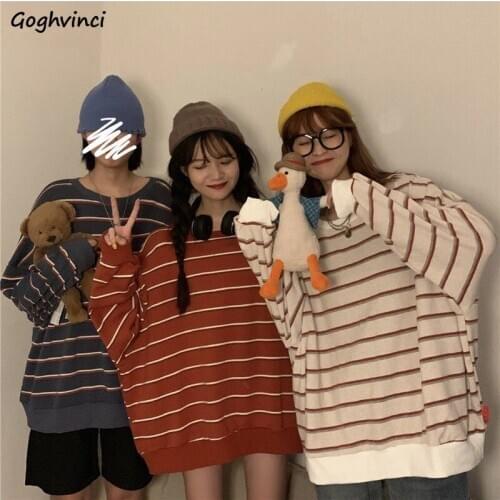 Women No Hat Hoodies Baggy Striped Thin Autumn Ulzzang Sweet Harajuku Streetwear Casual Simple All-match Womens Chic Fashion