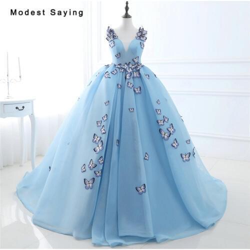 Glamorous Sky Blue Ball Gown Embroidery Butterfly Applique Evening Dresses 2017 Formal Women Party Prom Gowns vestido de festa