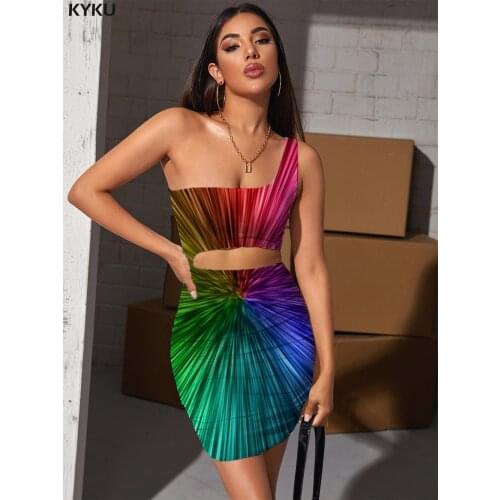 KYKU Brand Dizziness Dress Women Abstract Hollow out Dresses Line Halter Sleeveless Colorful Bodycon Dress Womens Clothing
