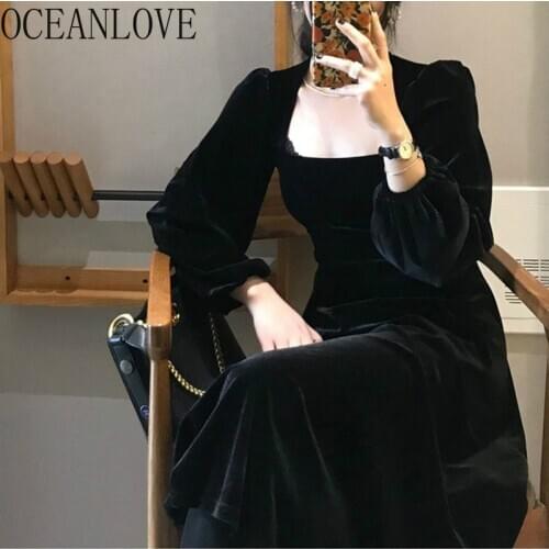 OCEANLOVE Korean Chic Velvet Women Dress Solid Puff Sleeve 2020 Vestidos Black Party Dresses High Wasit Ins Fashion 14124