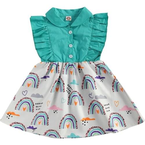2021 Infant Baby Girls Princess Dress, Doll Collar Ruffle Sleeveless Buttons Rainbow Printed Patchwork Sundress 6M-5T