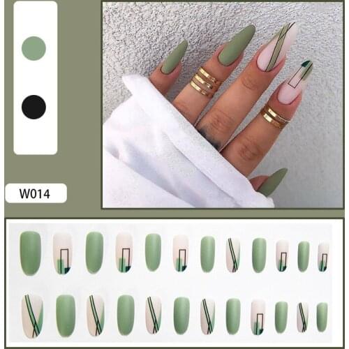 24pcs Green Nails Patch Glue Type Removable Long Paragraph Fashion Manicure False Nails Patch Gifts for Girls TN