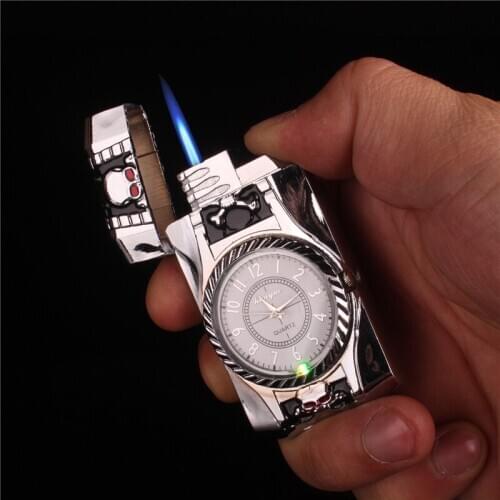 2in1 Creative Inflatable Gas Lighter with Watch Metal Dragon Windbreak Sugar Skull Butane Lighters Lacquer Cigarette Machine