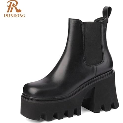 Genuine Leather Chelsea Female Ankle Boots Thick Platform 9cm High Square Heel Casual Street Style Black White Shoes Women Boots
