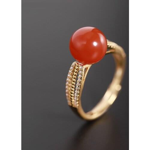 DAIMI 9-10mm South Red Agate Natural Gemstones Genuine 925 Sterling Silver Open Ring Gift