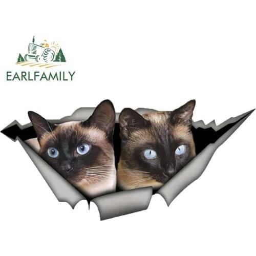 EARLFAMILY 13cm x 6.2cm Siamese Cats Car Sticker Torn Metal Decal Reflective Stickers Waterproof Car Styling 3D Pet Decals