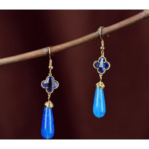 Graceful Retro Four Leaf Grass Coloured Glaze Eardrop Classical Natural Chalcedony Pendant Earrings Female Elegant Jewelry