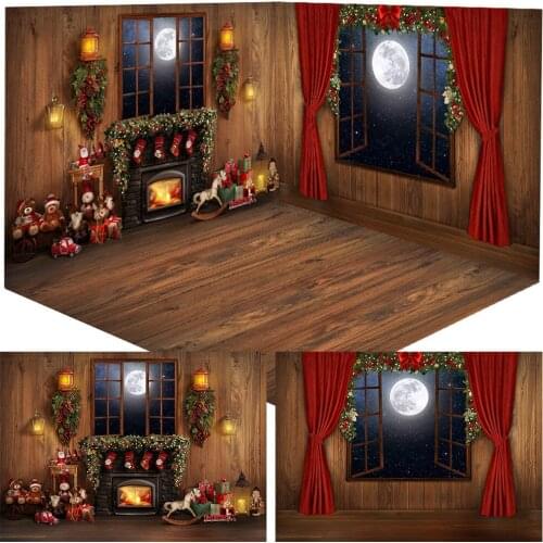 Window Rustic Christmas Photography Backdrop Winter Fireplace Birthday Cake Smash Background Big Moon Curtain Gifts Socks Decor