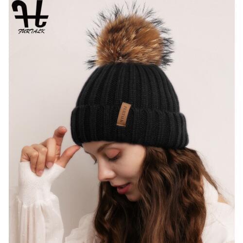 FURTALK Winter Hat for Women Pompom Beanie Hat Knitted Real Raccoon Fur Hat Womens Winter Ski Skullies Beanies Female Fur Cap