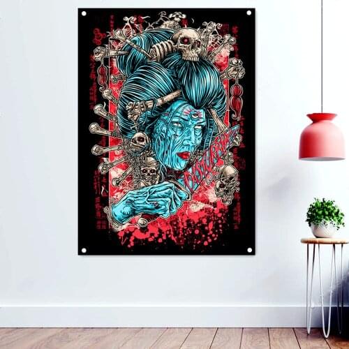 Geisha Dark Artwork Banners Tapestry Horror Skull Tattoos Posters Macabre Art Background Wall Hanging Hard Rock Music Flag Mural