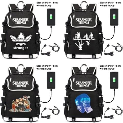 Stranger Things Canvas Backpack Teenagers Zip Schoolbag Unisex USB Charging Travel Shoulders Laptop Bag Cartoon Black Packsack