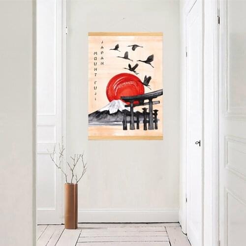 Canvas Home Decoration Japan Retro Poster Print Pictures Ink Scenery Wall Art Wooden Scroll Hanging Painting Bedside Background