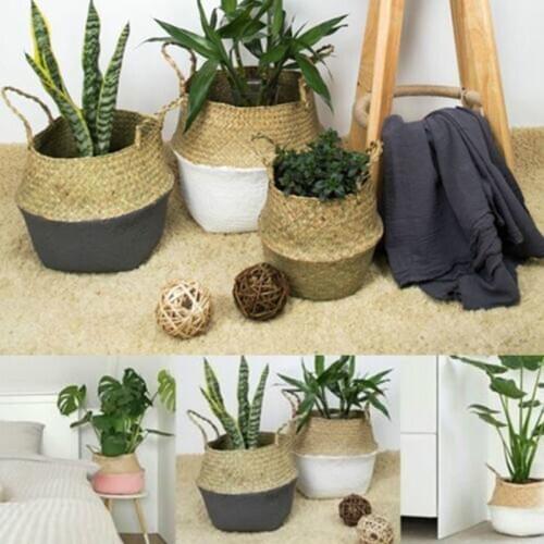 Household Storage Foldable Natural Seagrass Woven Storage Basket Pot Garden Flower Vase Hanging Wicker Basket Bellied Baskets