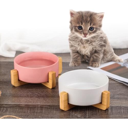Pet Bowl Ceramic Cat and Dog Bowl Dishes with Wooden Stand without Sprinkling Pet Food Feeder Cat Small Animal Bowl