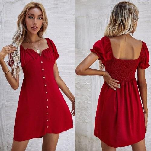 Short Puff Sleeve Slim Button Mini Dress Summer Sweet Casual Elegant Wine Red Party Dresses Female Fashion Cotton Vestidos New