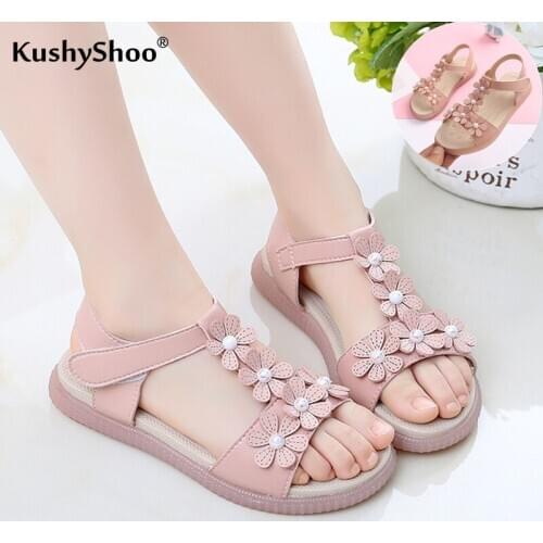 KushyShoo Girls Sandals Summer 2020 Children Soft Little Girl Princess Shoes Toddler Girl Sandals Solid Flowers PU Kids Shoes
