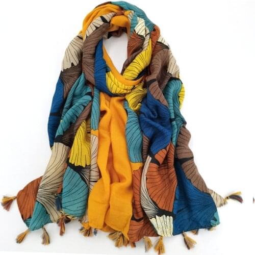 Fashion Gold Ginkgo Biloba Petal Floral Tassel Viscose Shawl Scarf High Quality Wrap Pashmina Stole Bufandas Muslim Hijab Sjaal