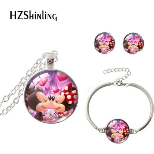 2021 New Arrival Mickey and Minnie Mouse Kawaii Mice Animals Round Dome Pendant Stud Earrings and Bangle Bracelet Jewelry Set
