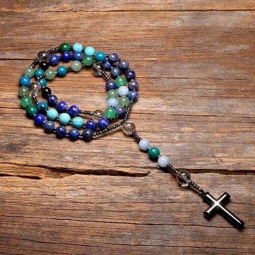 Natural Lapis Lazuli Mala Beads Cross Catholic Christ Rosary Necklaces Hematite Pendant Necklace For Women And Men