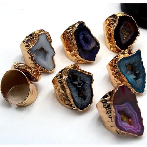 Wholesale 6pc/lot New style Natural stone drusyss plating gold irregular Mosaic open adjustable women golden ring free size