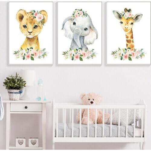 Safari Animal Prints Nursery Wall Decor Watercolor Jungle Animals Elephant Lion Giraffe Canvas Painting Kids Bedroom Decor