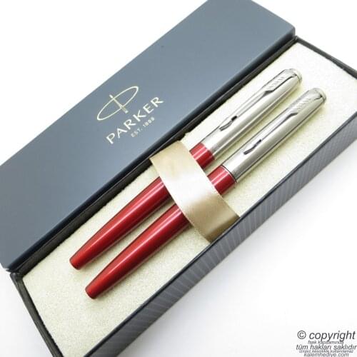 Parker Jotter Metal Red Fountain Pen + Roller Pen Set | İsme Special Pen | Gift Pen