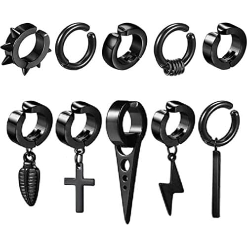 10 Pcs/1 Set Clip-on Hoop Earrings Mens Stainless Steel Fake Perforated Pendant Earrings Cross Feather Ear Clips