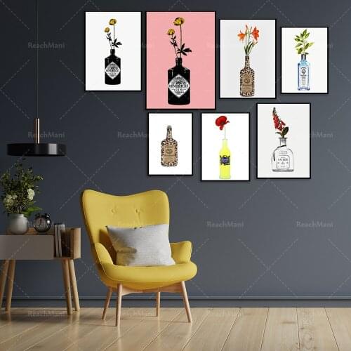 Wine bottle with flower art, gin, tequila, limoncello, bar cart art, modern abstract fashion canvas wine bottle decoration Nordi