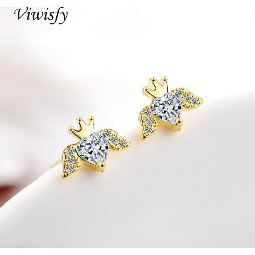 Viwisfy Solid 925 Sterling Silver Jewelry Earring Crown Angle Wings Crystal 18K Gold Stud Earrings For Girl VW21078