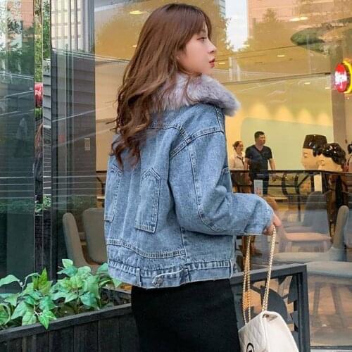 Women Velvet Thick Denim Jacket Female Winter Big Fur Collar Korean Locomotive Lamb Coat Female Student Short Coat HOWDFEO