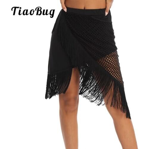 Women Sexy Cutout Asymmetrical Black Fringed Skirt Tassel Latin Dance Dress Adult Stage Performance Training Competition Costume