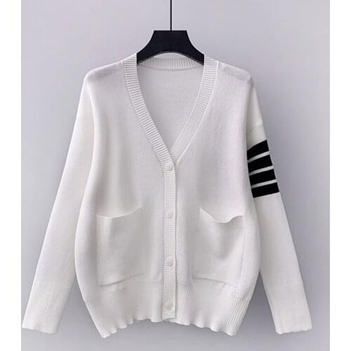 2021Autumn Fashion V-neck White Cardigans Women Slim Single Breasted Sweaters Long Sleeve Pocket Knitted Sweater Coat Femme Tops