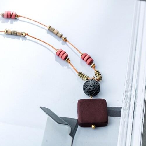 Bohemian Women Jewelry Long Necklace Suspension Wood Beads Chain Original Lava Stone & Wood Pendants women collares mujer choker
