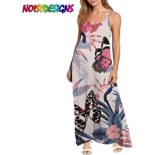 NOISYDESIGNS Elegant Women Casual Ankle-Length Dress V-Neck Sleeveless Dress Summer Tropical Flowers Butterfly Print Dresses