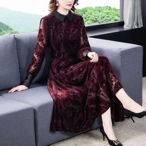 Vintage Jacquard Velvet Dress Long Sleeve Womens Autumn 2020 New Plus Size High-End Ladies Elegant Party Dress Midi S-4XL Y637